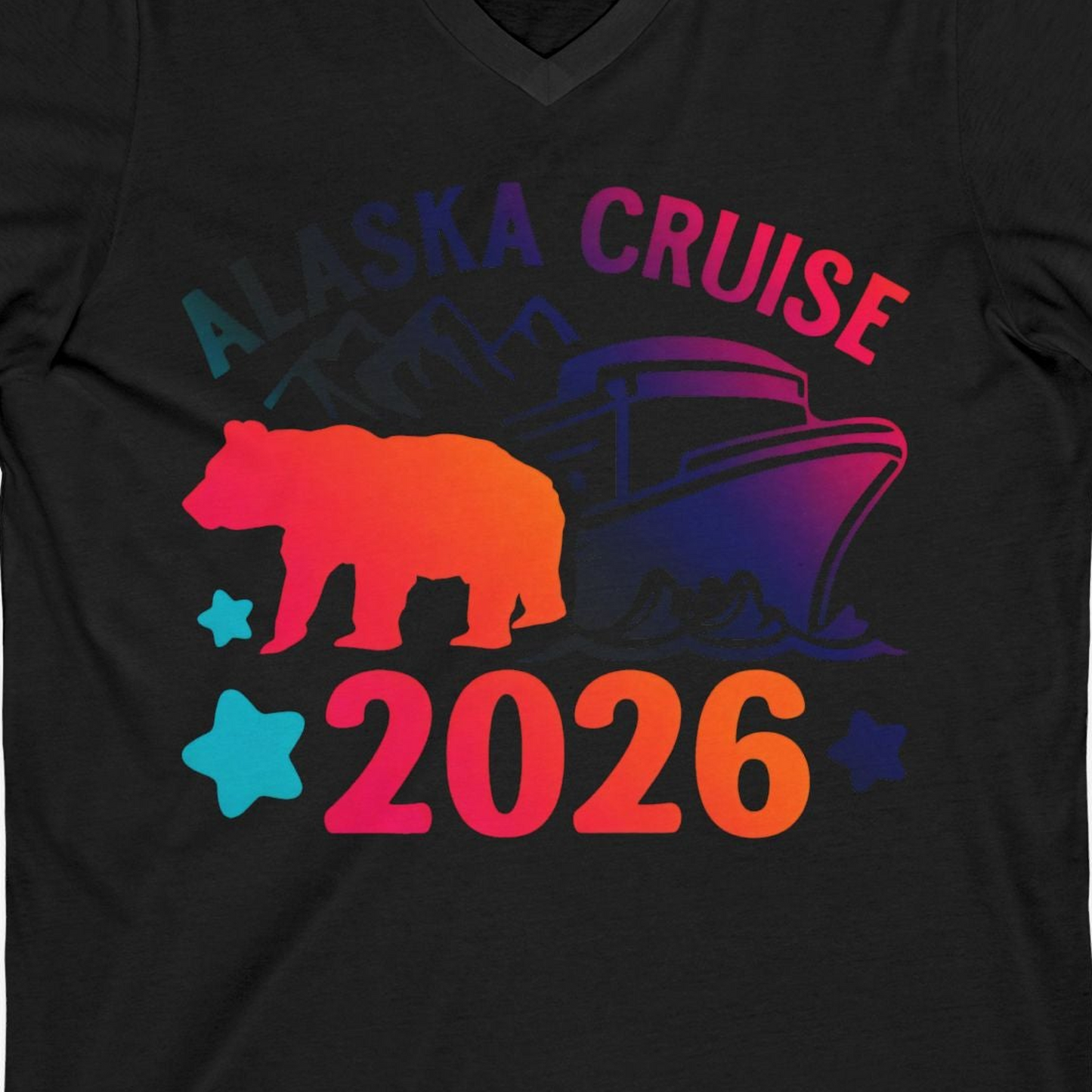 Alaska Cruise 2026 Shirt V-Neck Shirt – Black – Alaska Cruise Shirts Close Up