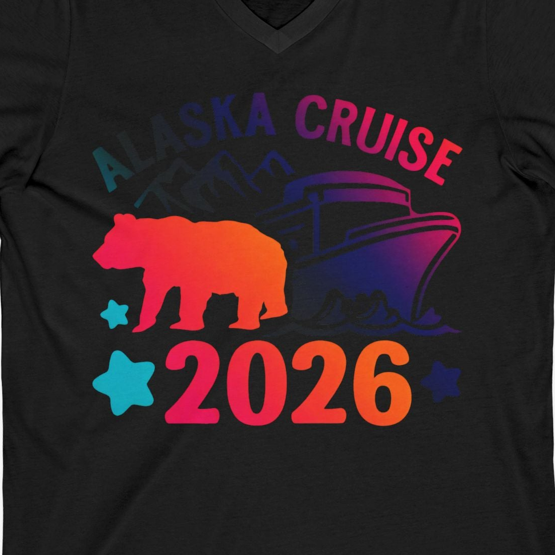 Alaska Cruise 2026 Shirt V-Neck Shirt – Black – Alaska Cruise Shirts Close Up