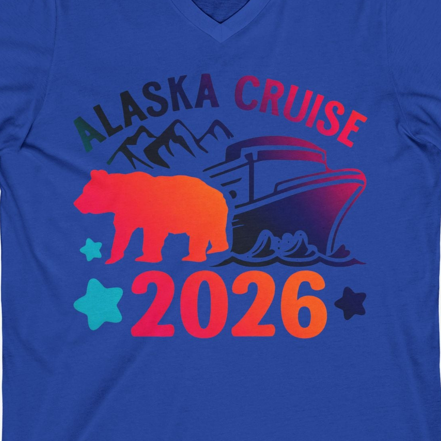 Alaska Cruise 2026 Shirt V-Neck Shirt – True Royal – Alaska Cruise Shirts Close Up