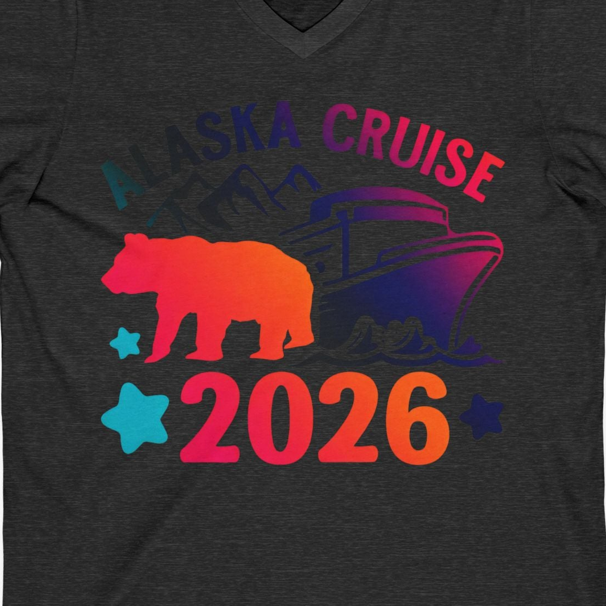 Alaska Cruise 2026 Shirt V-Neck Shirt – Dark Grey Heather – Alaska Cruise Shirts Close Up