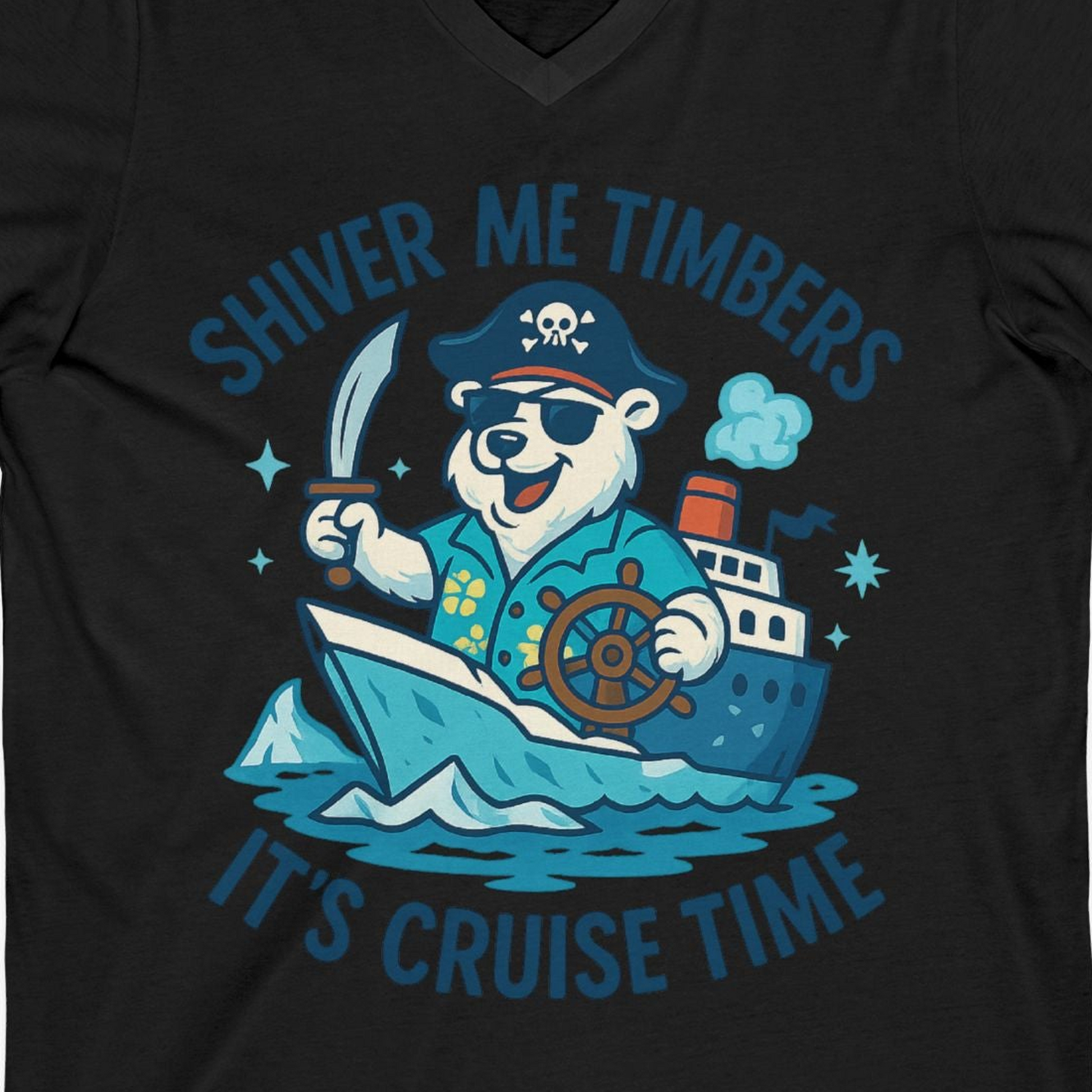 Funny Polar Bear Pirate Cruise Vacation Shirt V-Neck Shirt – Black – Alaska Cruise Shirts Close Up