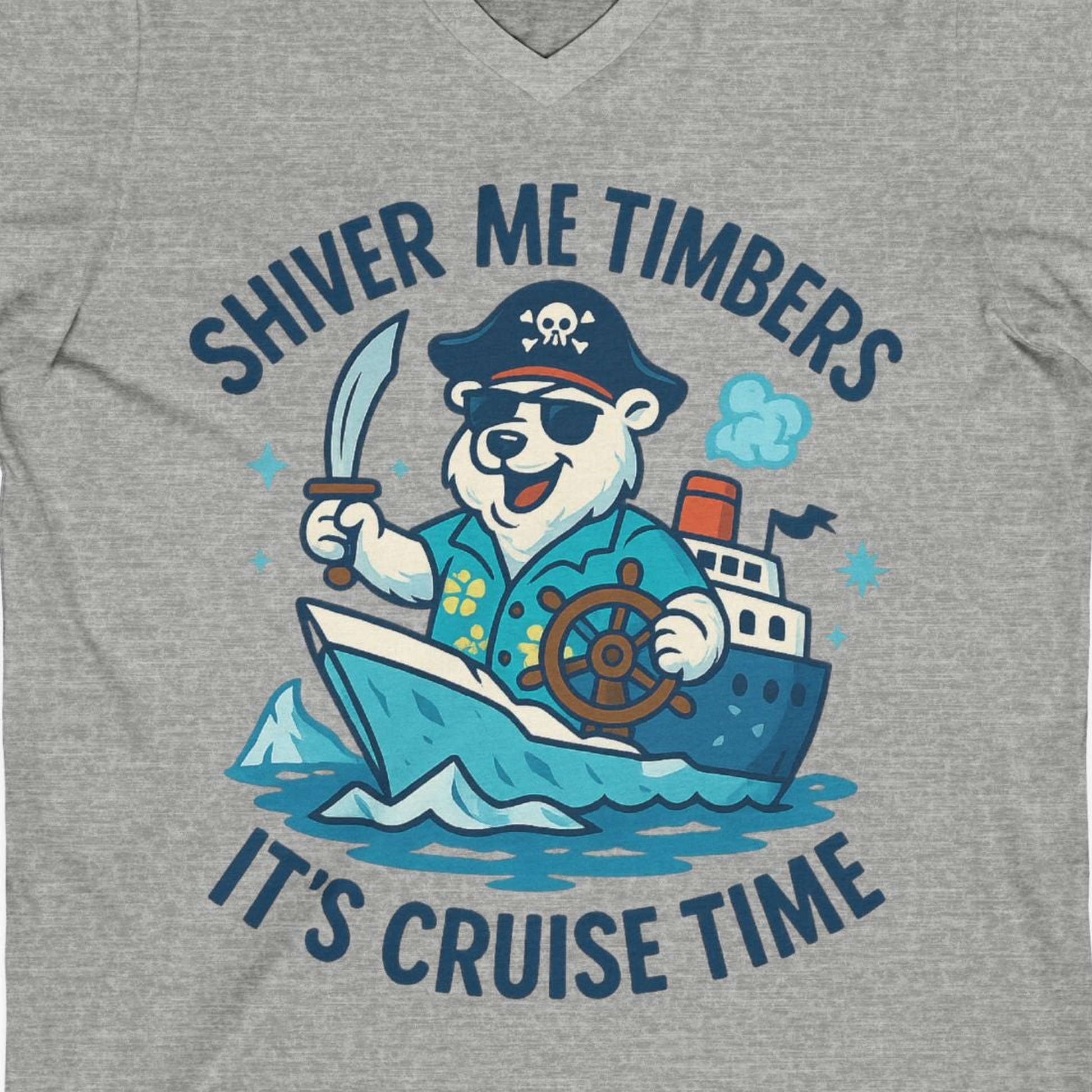 Funny Polar Bear Pirate Cruise Vacation Shirt V-Neck Shirt – Athletic Heather – Alaska Cruise Shirts Close Up