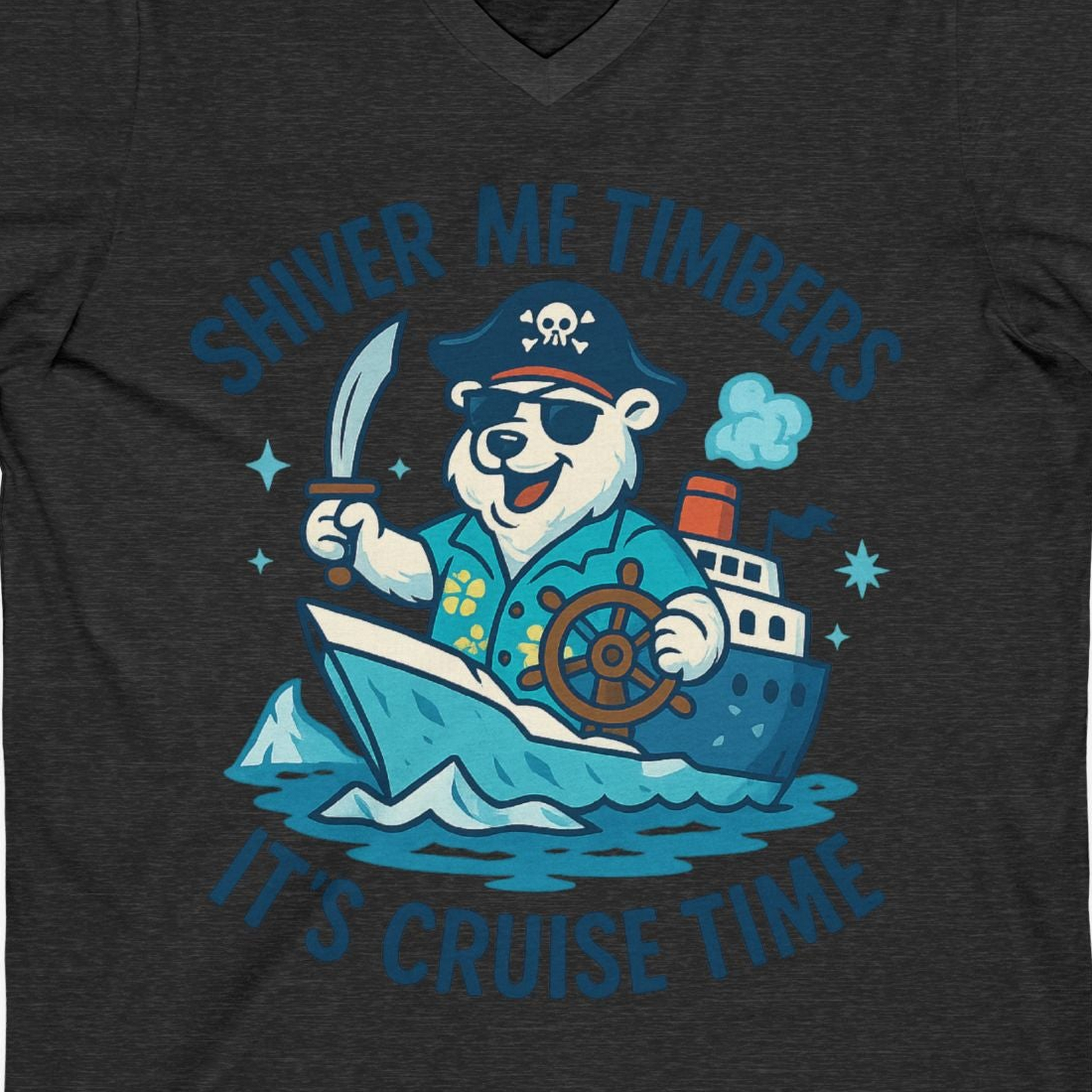Funny Polar Bear Pirate Cruise Vacation Shirt V-Neck Shirt – Dark Grey Heather – Alaska Cruise Shirts Close Up