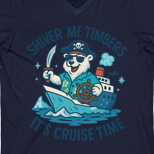 Funny Polar Bear Pirate Cruise Vacation Shirt V-Neck Shirt – Navy – Alaska Cruise Shirts Close Up