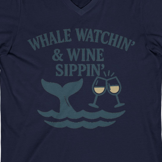 Whale Watching and Wine Sippin Shirt V-Neck Shirt – Navy – Alaska Cruise Shirts Close Up