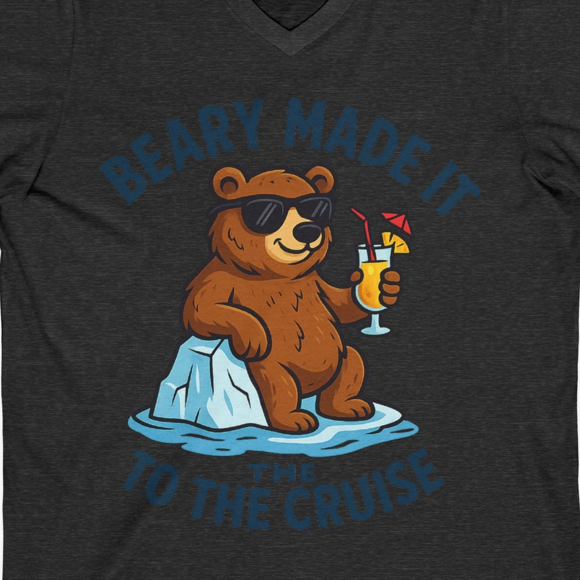 Funny Cruise Bear Shirt V-Neck Shirt – Dark Grey Heather – Alaska Cruise Shirts Close Up