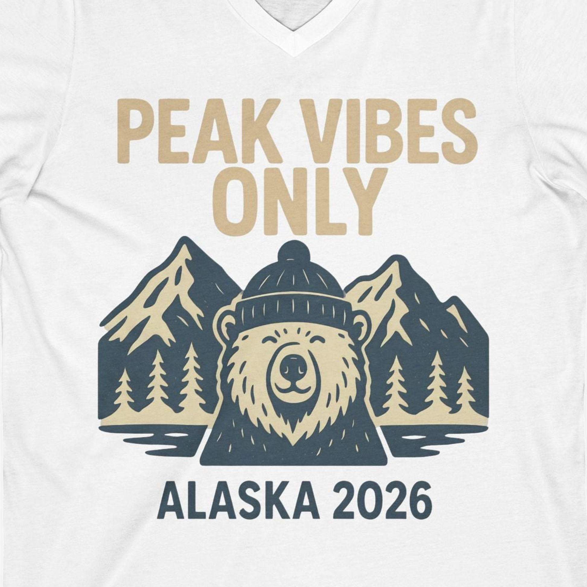 Alaska 2026 Mountain Adventure Bear V-Neck Shirt – White – Alaska Cruise Shirts Close Up