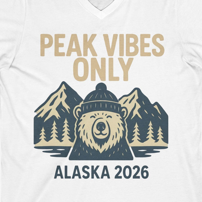 Alaska 2026 Mountain Adventure Bear V-Neck Shirt – White – Alaska Cruise Shirts Close Up