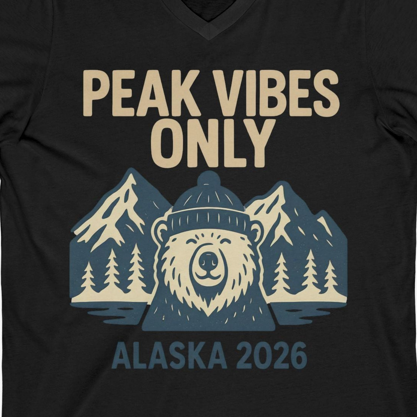 Alaska 2026 Mountain Adventure Bear V-Neck Shirt – Black – Alaska Cruise Shirts Close Up