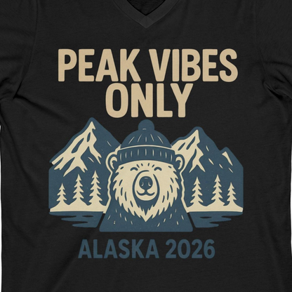 Alaska 2026 Mountain Adventure Bear V-Neck Shirt – Black – Alaska Cruise Shirts Close Up