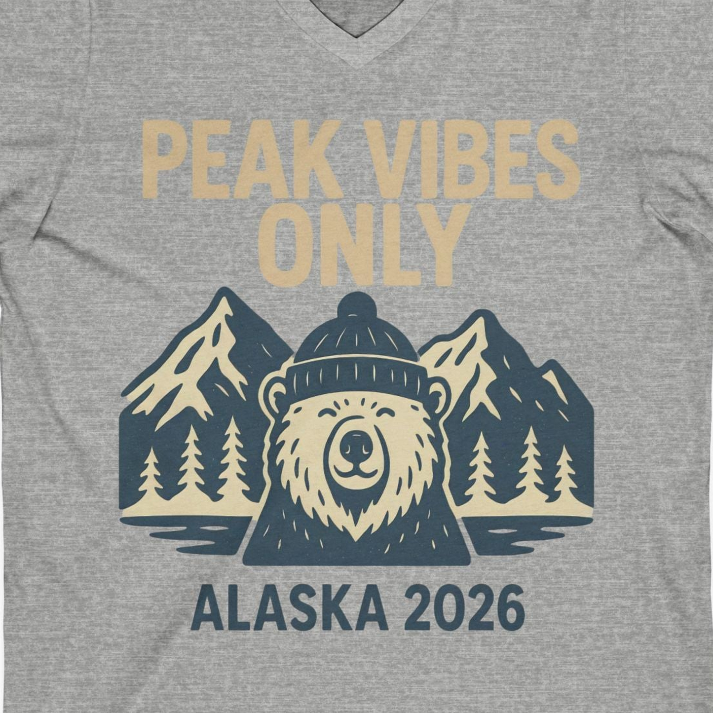 Alaska 2026 Mountain Adventure Bear V-Neck Shirt – Athletic Heather – Alaska Cruise Shirts Close Up