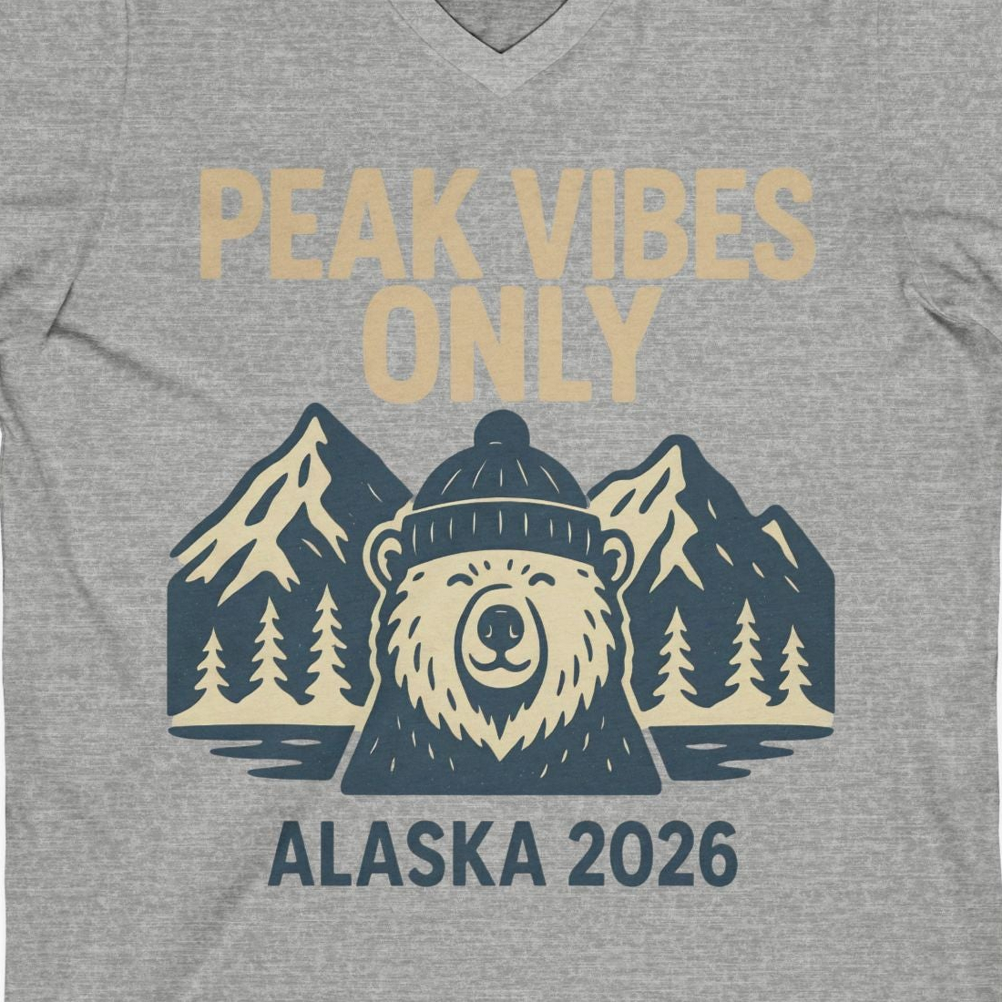 Alaska 2026 Mountain Adventure Bear V-Neck Shirt – Athletic Heather – Alaska Cruise Shirts Close Up