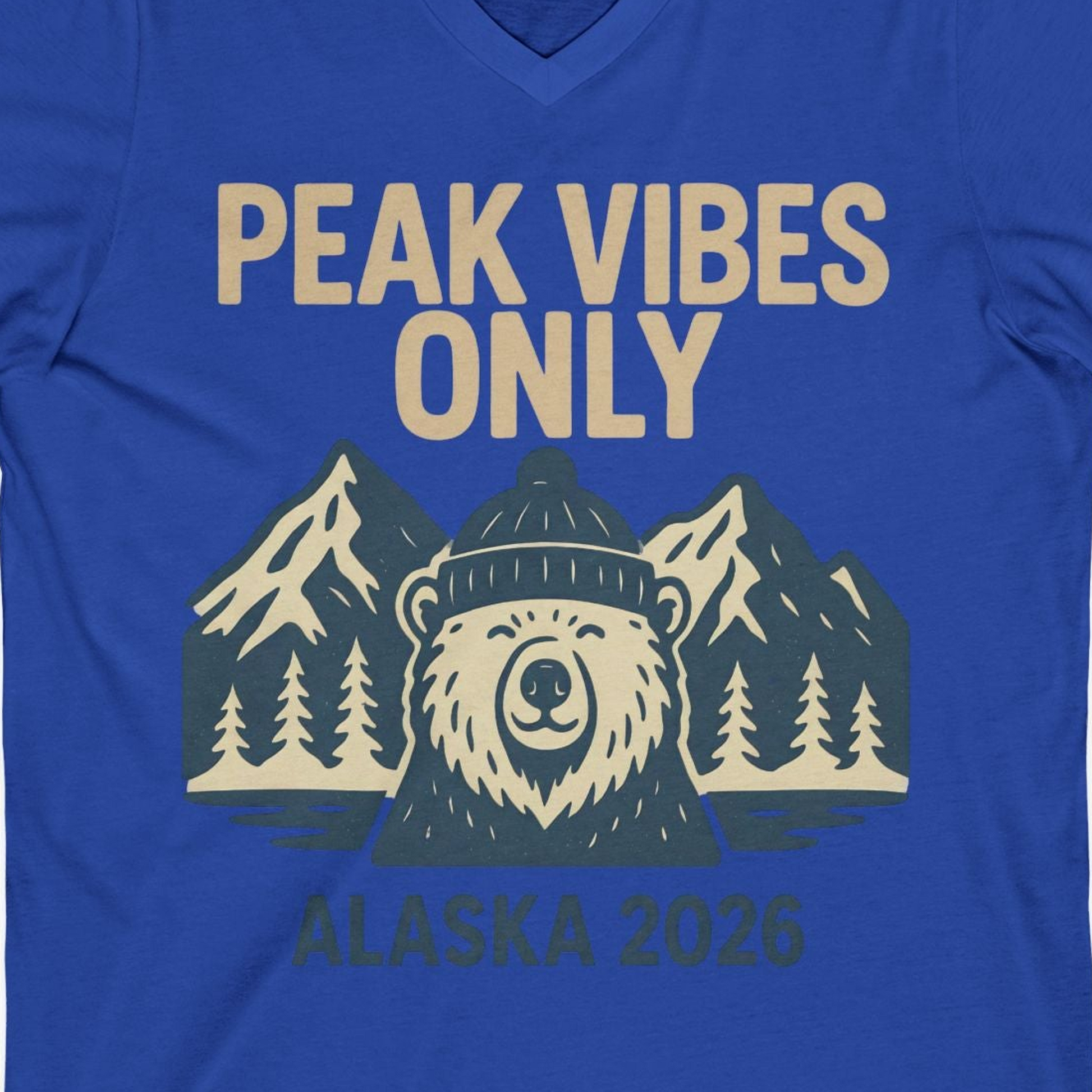Alaska 2026 Mountain Adventure Bear V-Neck Shirt – True Royal – Alaska Cruise Shirts Close Up