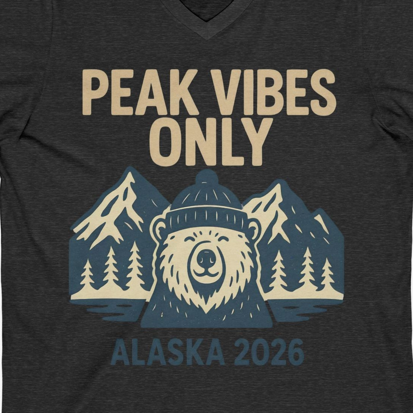 Alaska 2026 Mountain Adventure Bear V-Neck Shirt – Dark Grey Heather – Alaska Cruise Shirts Close Up