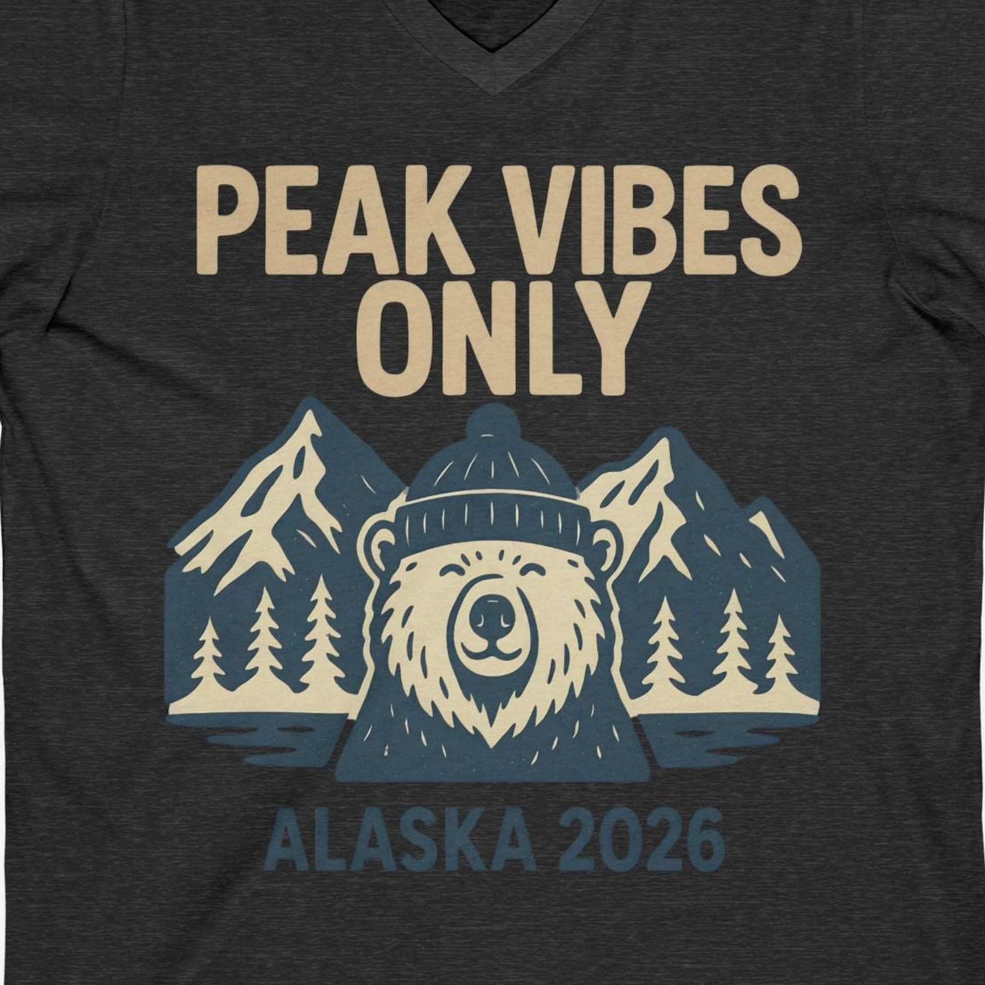Alaska 2026 Mountain Adventure Bear V-Neck Shirt – Dark Grey Heather – Alaska Cruise Shirts Close Up