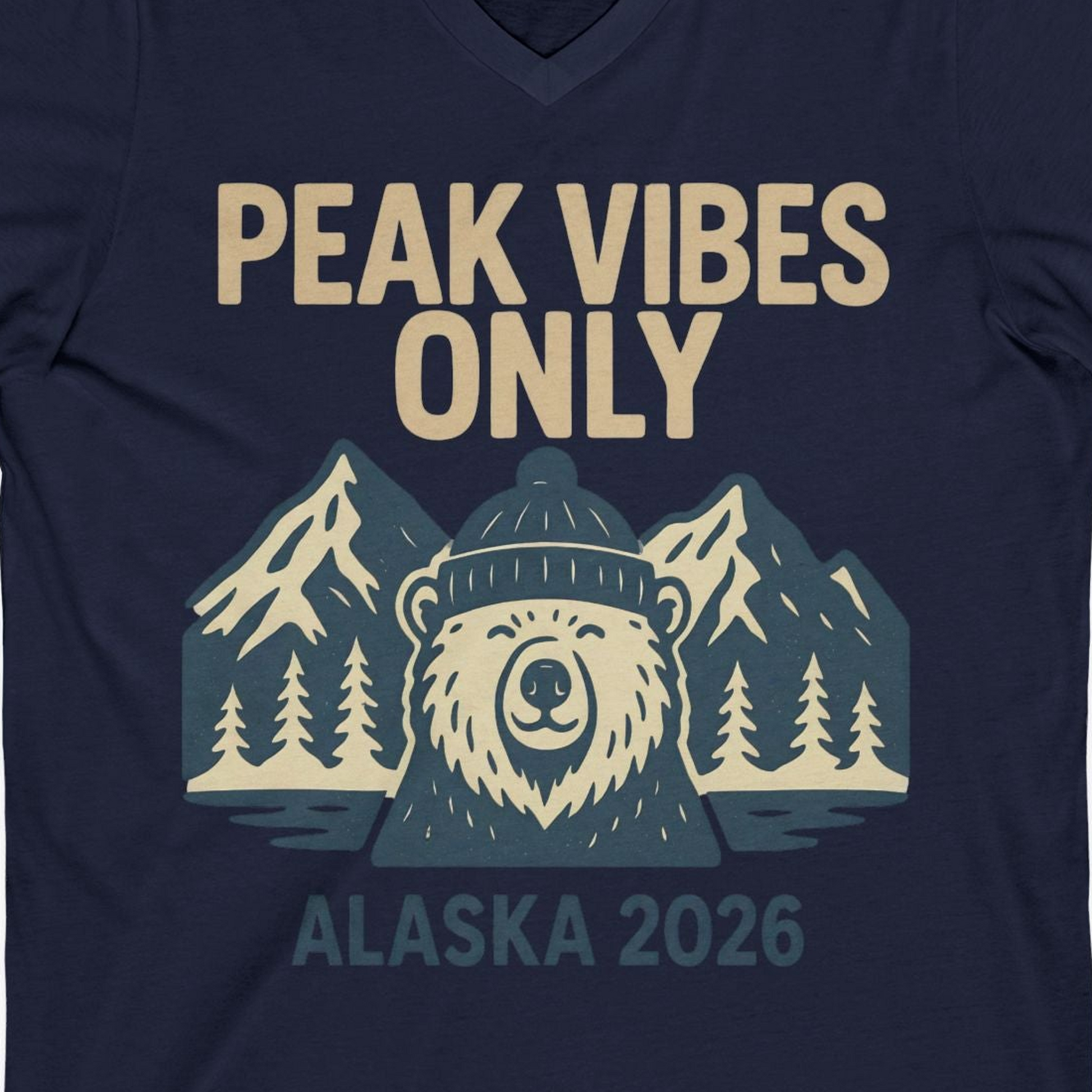 Alaska 2026 Mountain Adventure Bear V-Neck Shirt – Navy – Alaska Cruise Shirts Close Up