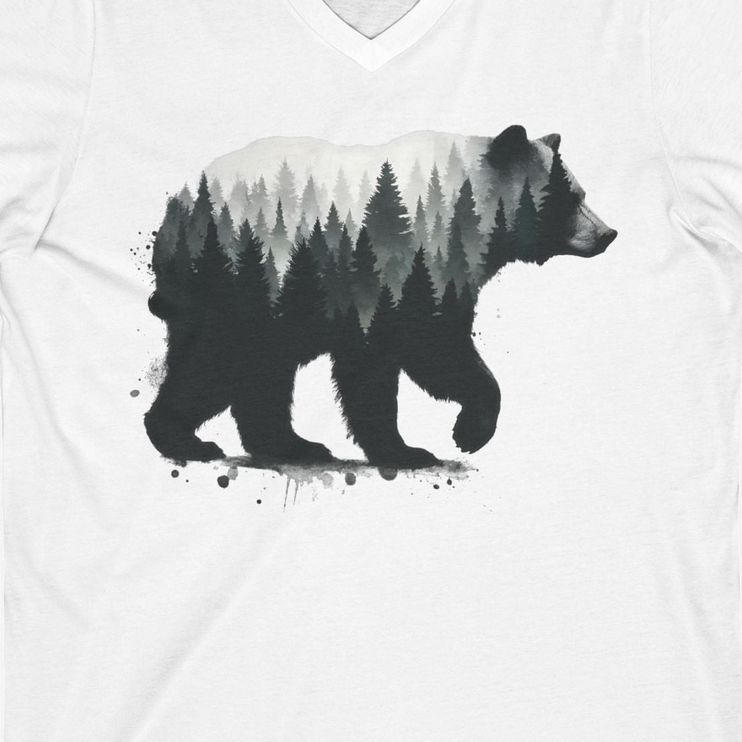 Bear Silhouette Forest Double Exposure Shirt V-Neck Shirt – White – Alaska Cruise Shirts Close Up