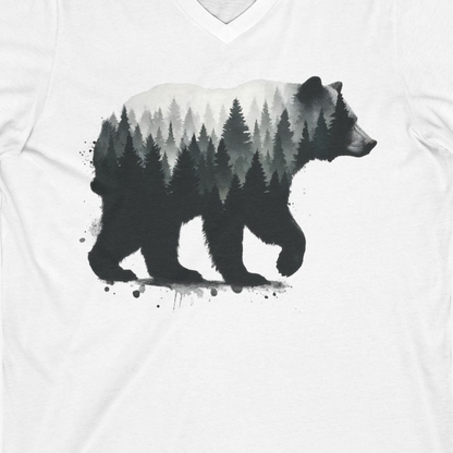 Bear Silhouette Forest Double Exposure Shirt V-Neck Shirt – White – Alaska Cruise Shirts Close Up