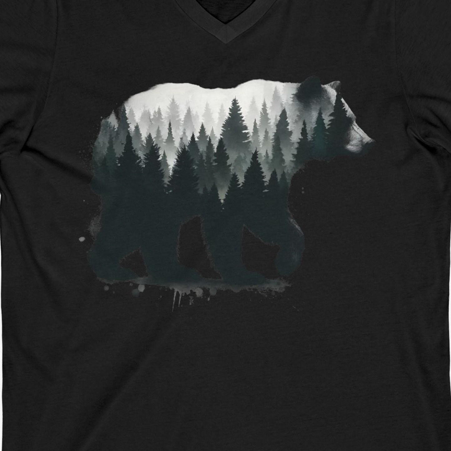 Bear Silhouette Forest Double Exposure Shirt V-Neck Shirt – Black – Alaska Cruise Shirts Close Up