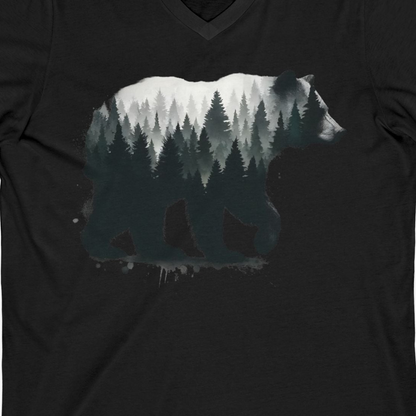 Bear Silhouette Forest Double Exposure Shirt V-Neck Shirt – Black – Alaska Cruise Shirts Close Up