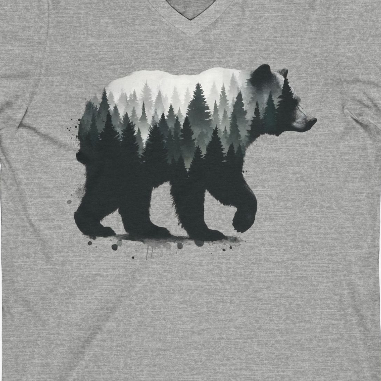 Bear Silhouette Forest Double Exposure Shirt V-Neck Shirt – Athletic Heather – Alaska Cruise Shirts Close Up