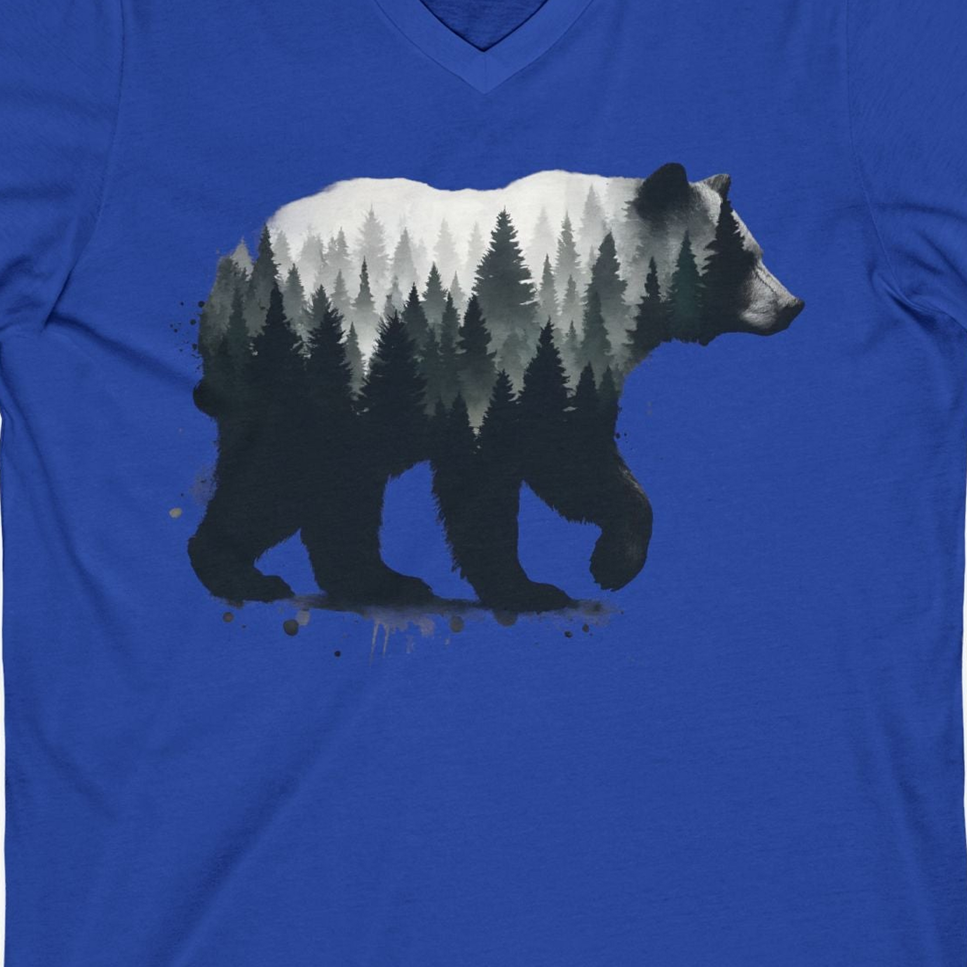Bear Silhouette Forest Double Exposure Shirt V-Neck Shirt – True Royal – Alaska Cruise Shirts Close Up