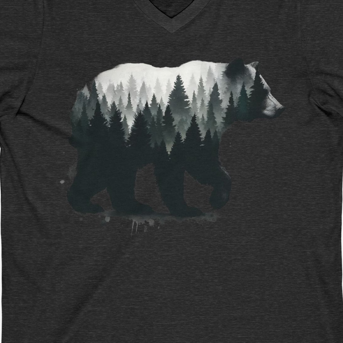 Bear Silhouette Forest Double Exposure Shirt V-Neck Shirt – Dark Grey Heather – Alaska Cruise Shirts Close Up
