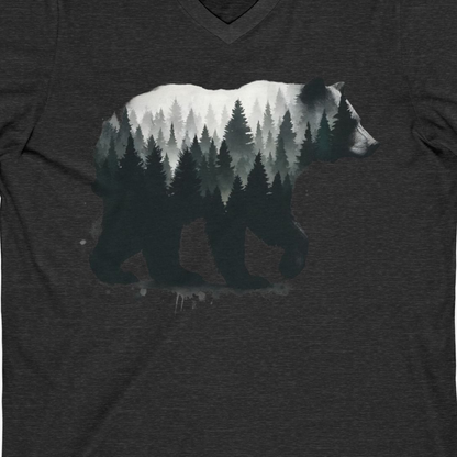Bear Silhouette Forest Double Exposure Shirt V-Neck Shirt – Dark Grey Heather – Alaska Cruise Shirts Close Up