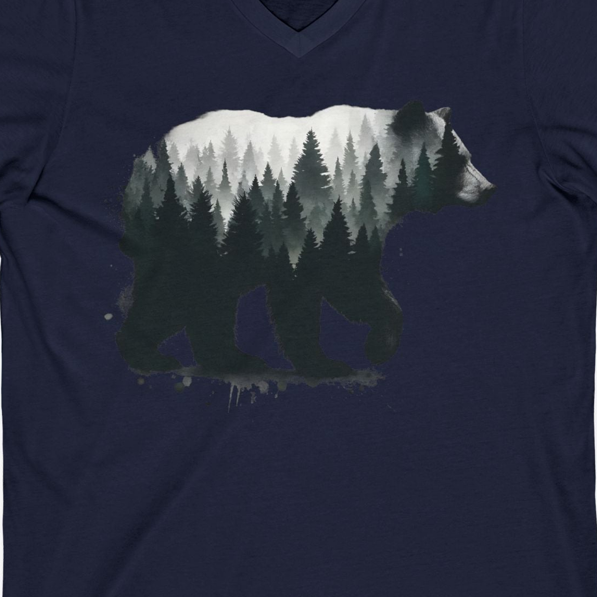 Bear Silhouette Forest Double Exposure Shirt V-Neck Shirt – Navy – Alaska Cruise Shirts Close Up
