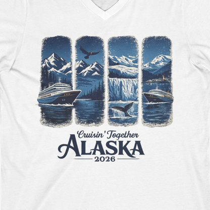 Alaska Cruise Adventure Shirt V-Neck Shirt – White – Alaska Cruise Shirts Close Up
