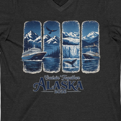 Alaska Cruise Adventure Shirt V-Neck Shirt – Dark Grey Heather – Alaska Cruise Shirts Close Up