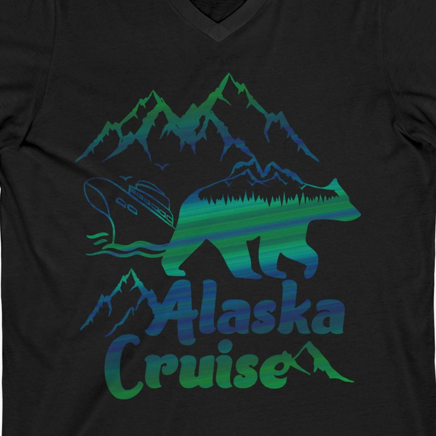 Alaska Cruise Bear Mountains Silhouette Shirt V-Neck Shirt – Black – Alaska Cruise Shirts Close Up