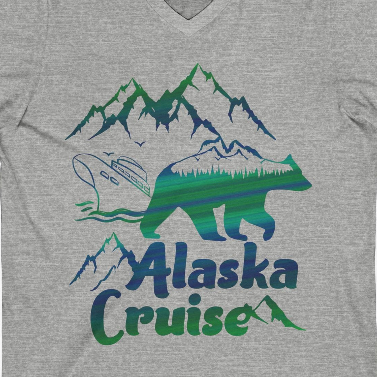 Alaska Cruise Bear Mountains Silhouette Shirt V-Neck Shirt – Athletic Heather – Alaska Cruise Shirts Close Up