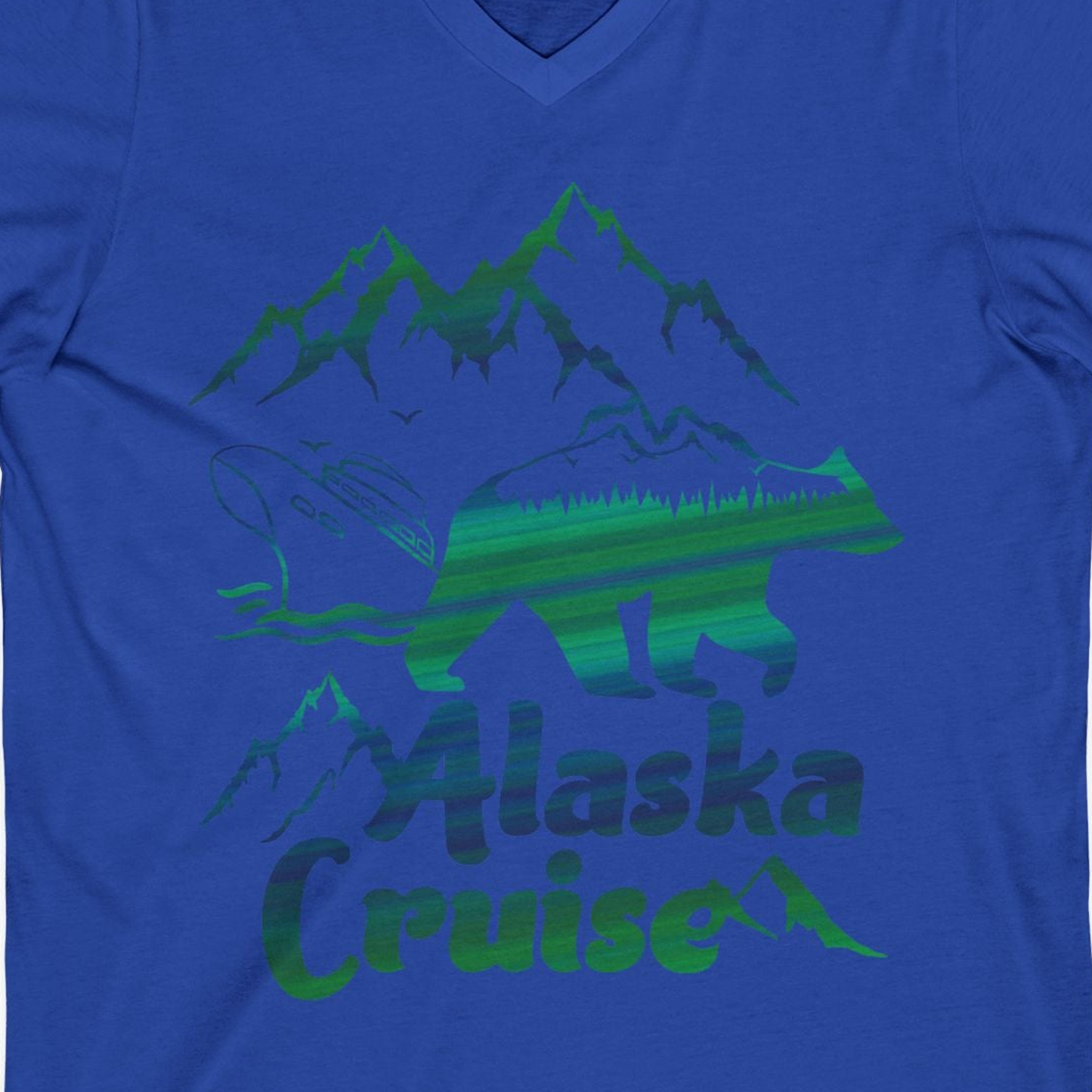 Alaska Cruise Bear Mountains Silhouette Shirt V-Neck Shirt – True Royal – Alaska Cruise Shirts Close Up