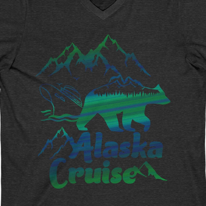 Alaska Cruise Bear Mountains Silhouette Shirt V-Neck Shirt – Dark Grey Heather – Alaska Cruise Shirts Close Up