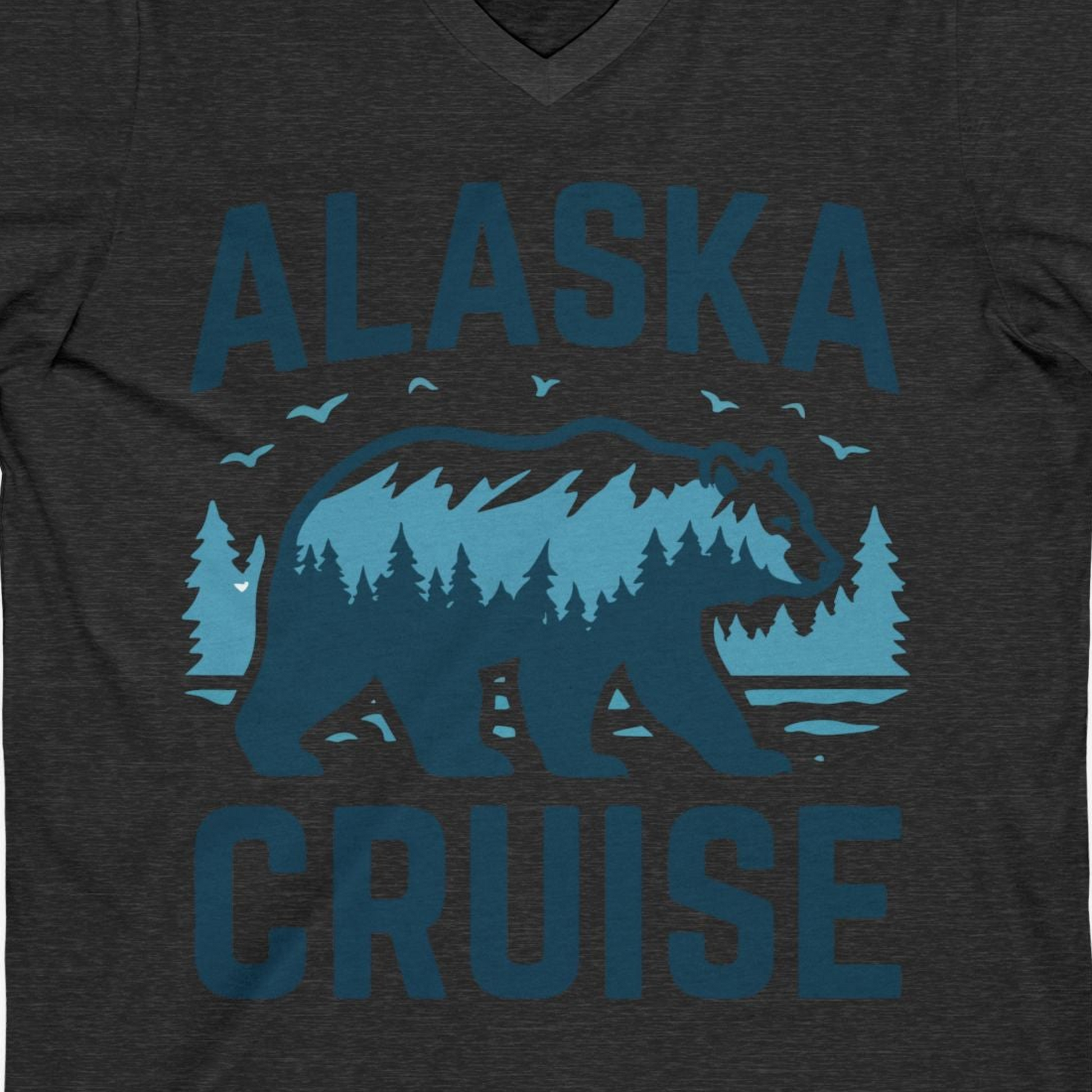 Alaska Cruise Shirt Bear Silhouette Forest Wildlife Nature Tee — V-Neck V-Neck Shirt – Dark Grey Heather – Alaska Cruise Shirts Close Up