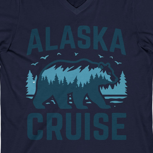 Alaska Cruise Shirt Bear Silhouette Forest Wildlife Nature Tee — V-Neck V-Neck Shirt – Navy – Alaska Cruise Shirts Close Up