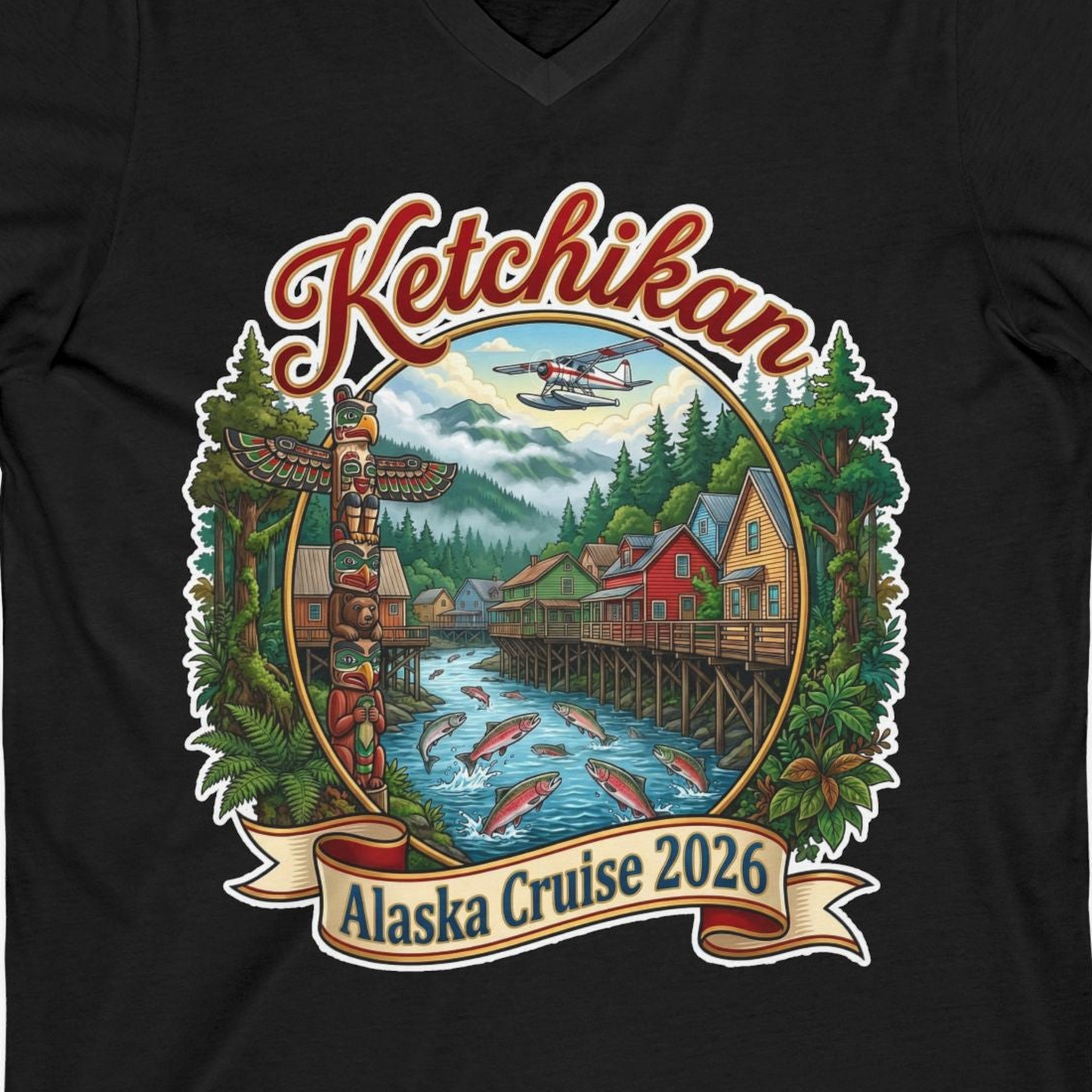 Ketchikan Alaska Cruise 2026 Vintage Souvenir Vacation Shirt — V-Neck V-Neck Shirt – Black – Alaska Cruise Shirts Close Up