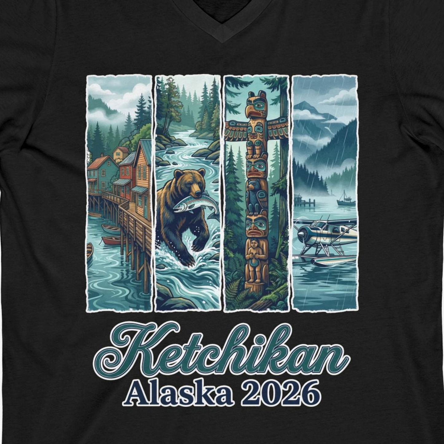 Ketchikan Alaska 2026 Scenic Nature and Totem Pole Art T-Shirt — V-Neck V-Neck Shirt – Black – Alaska Cruise Shirts Close Up