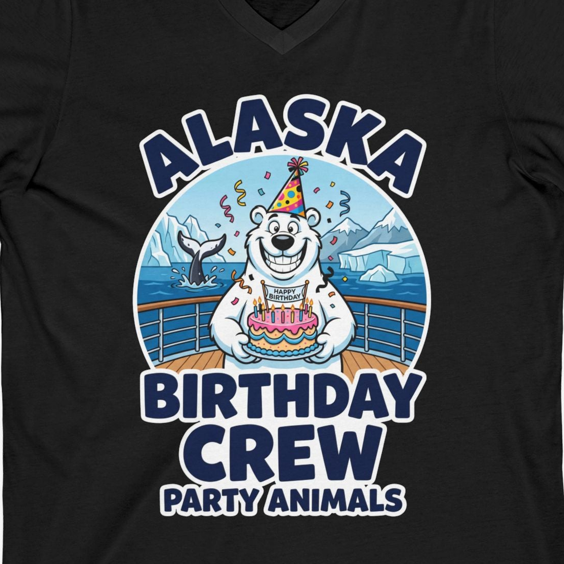 Alaska Birthday Crew Party Animals Polar Bear Cruise Shirt — V-Neck V-Neck Shirt – Black – Alaska Cruise Shirts Close Up