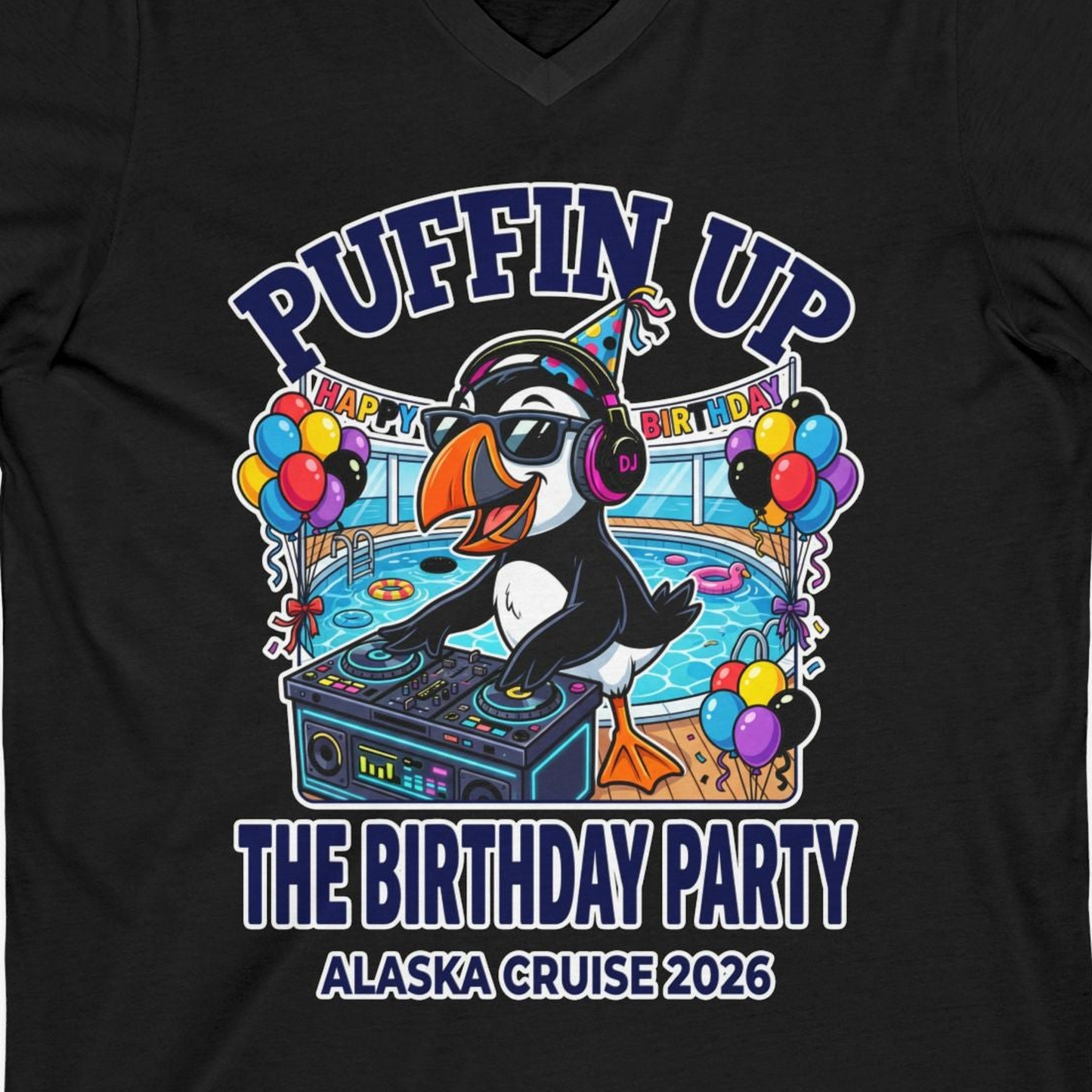 Funny Puffin DJ Birthday Party Alaska Cruise 2026 Shirt — V-Neck V-Neck Shirt – Black – Alaska Cruise Shirts Close Up
