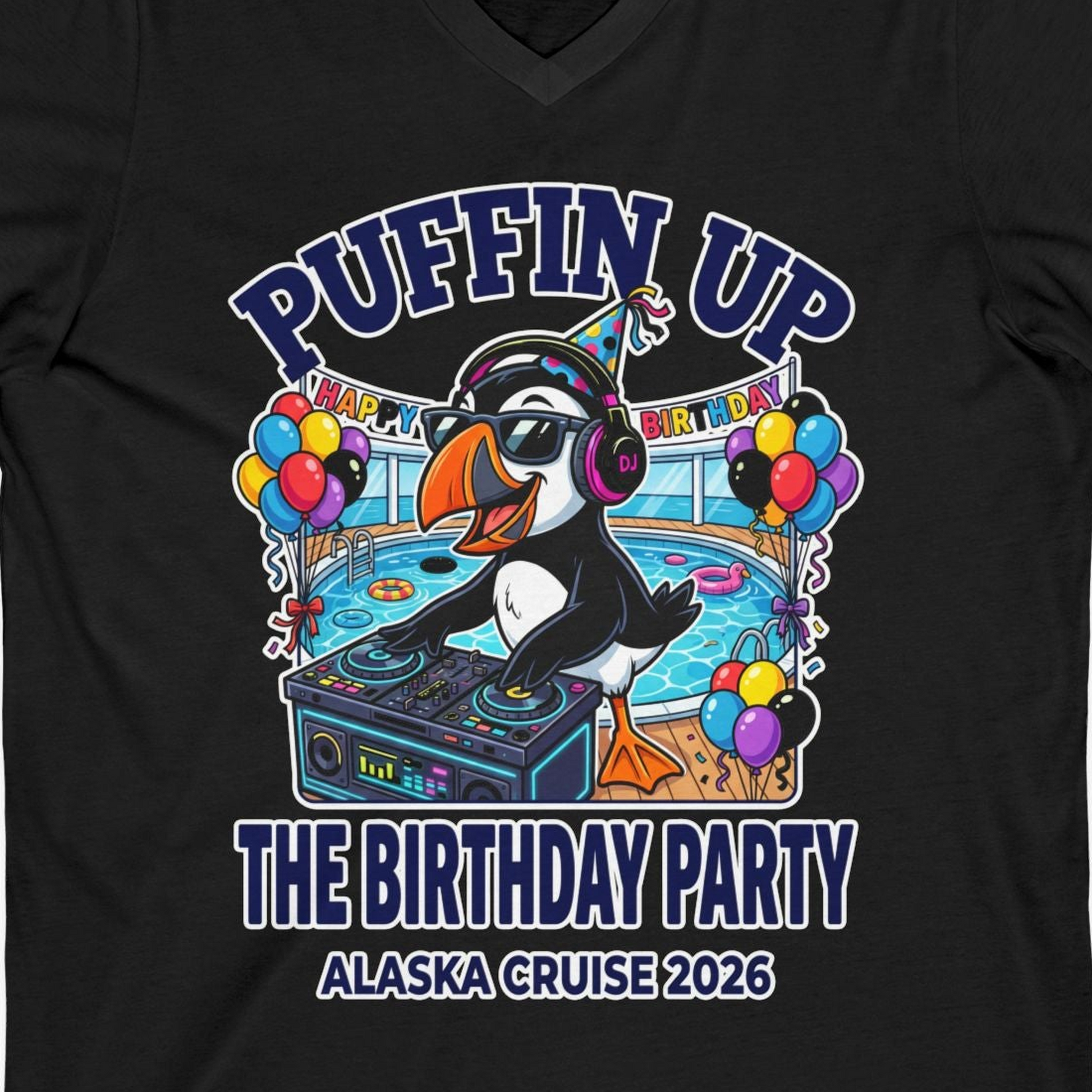 Funny Puffin DJ Birthday Party Alaska Cruise 2026 Shirt — V-Neck V-Neck Shirt – Black – Alaska Cruise Shirts Close Up