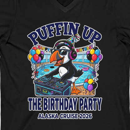 Funny Puffin DJ Birthday Party Alaska Cruise 2026 Shirt — V-Neck V-Neck Shirt – Black – Alaska Cruise Shirts Close Up