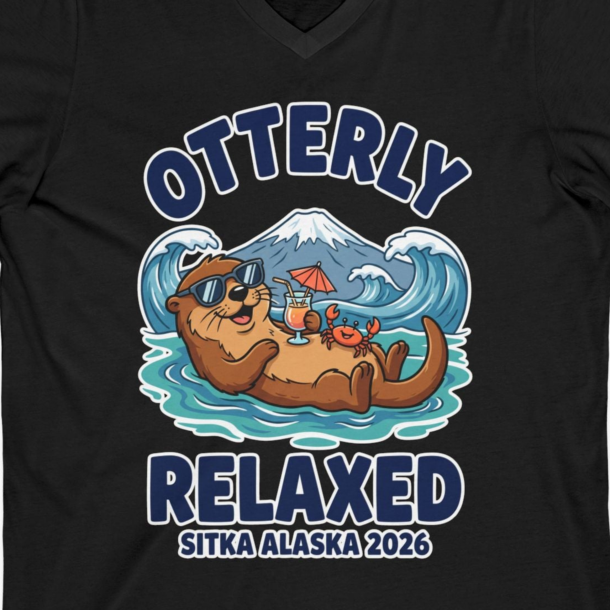 Otterly Relaxed Sitka Alaska 2026 Vacation Souvenir Shirt — V-Neck V-Neck Shirt – Black – Alaska Cruise Shirts Close Up