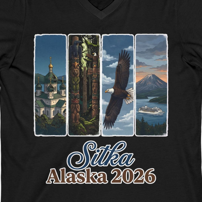 Sitka Alaska 2026 Cruise and Wildlife Souvenir Graphic Shirt — V-Neck V-Neck Shirt – Black – Alaska Cruise Shirts Close Up