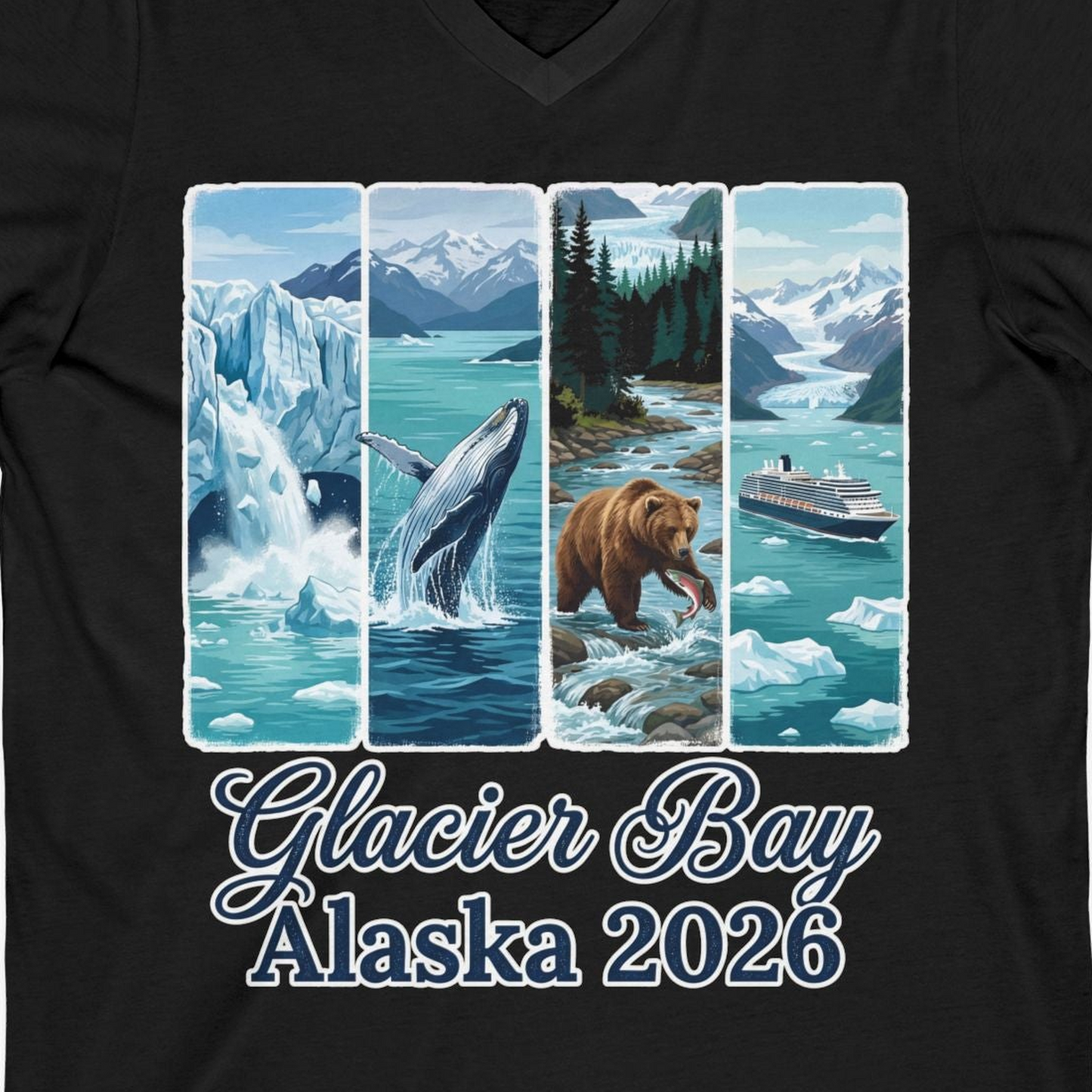 Glacier Bay Alaska 2026 Cruise Nature Wildlife Adventure Shirt — V-Neck V-Neck Shirt – Black – Alaska Cruise Shirts Close Up