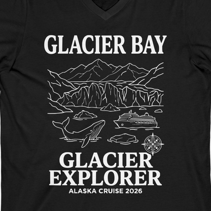 Glacier Bay Alaska Cruise 2026 Glacier Explorer Souvenir Shirt — V-Neck V-Neck Shirt – Black – Alaska Cruise Shirts Close Up