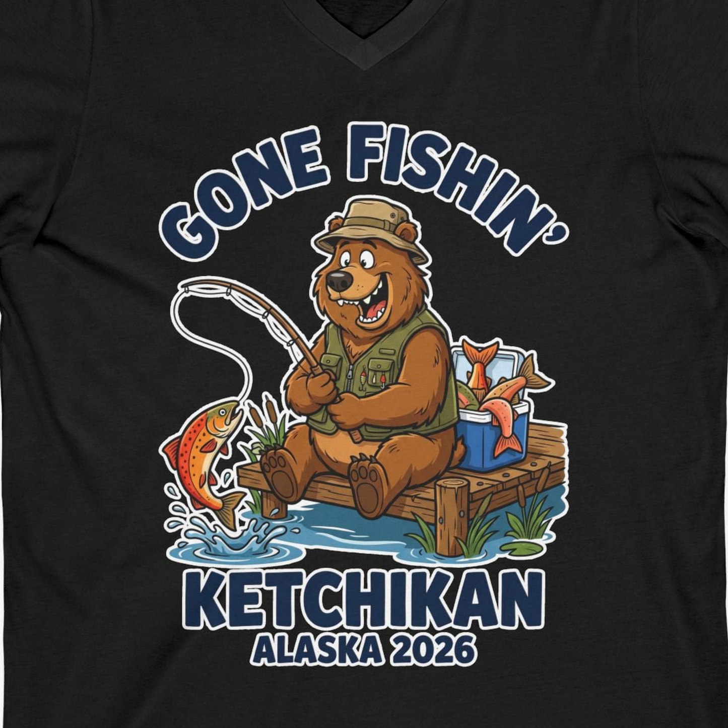 Gone Fishin Ketchikan Alaska 2026 Cartoon Bear Souvenir Shirt — V-Neck V-Neck Shirt – Black – Alaska Cruise Shirts Close Up