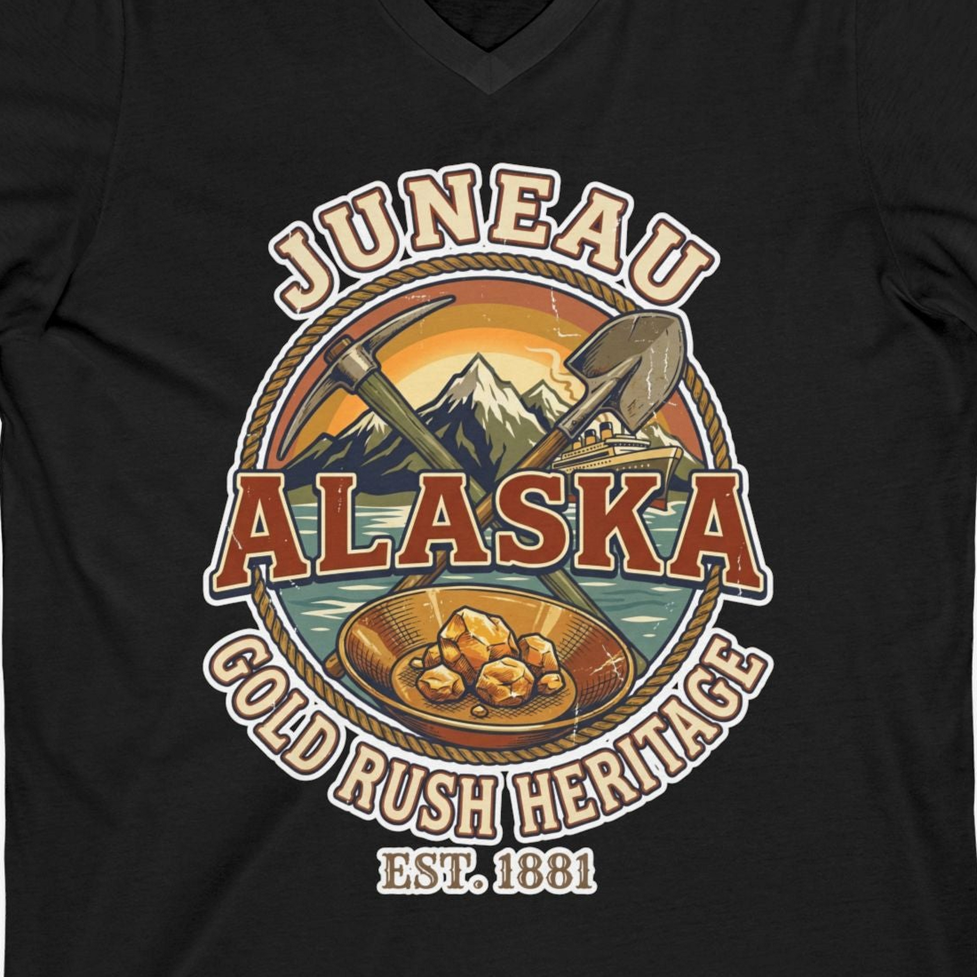 Juneau Alaska Gold Rush Heritage Vintage Travel T-Shirt — V-Neck V-Neck Shirt – Black – Alaska Cruise Shirts Close Up