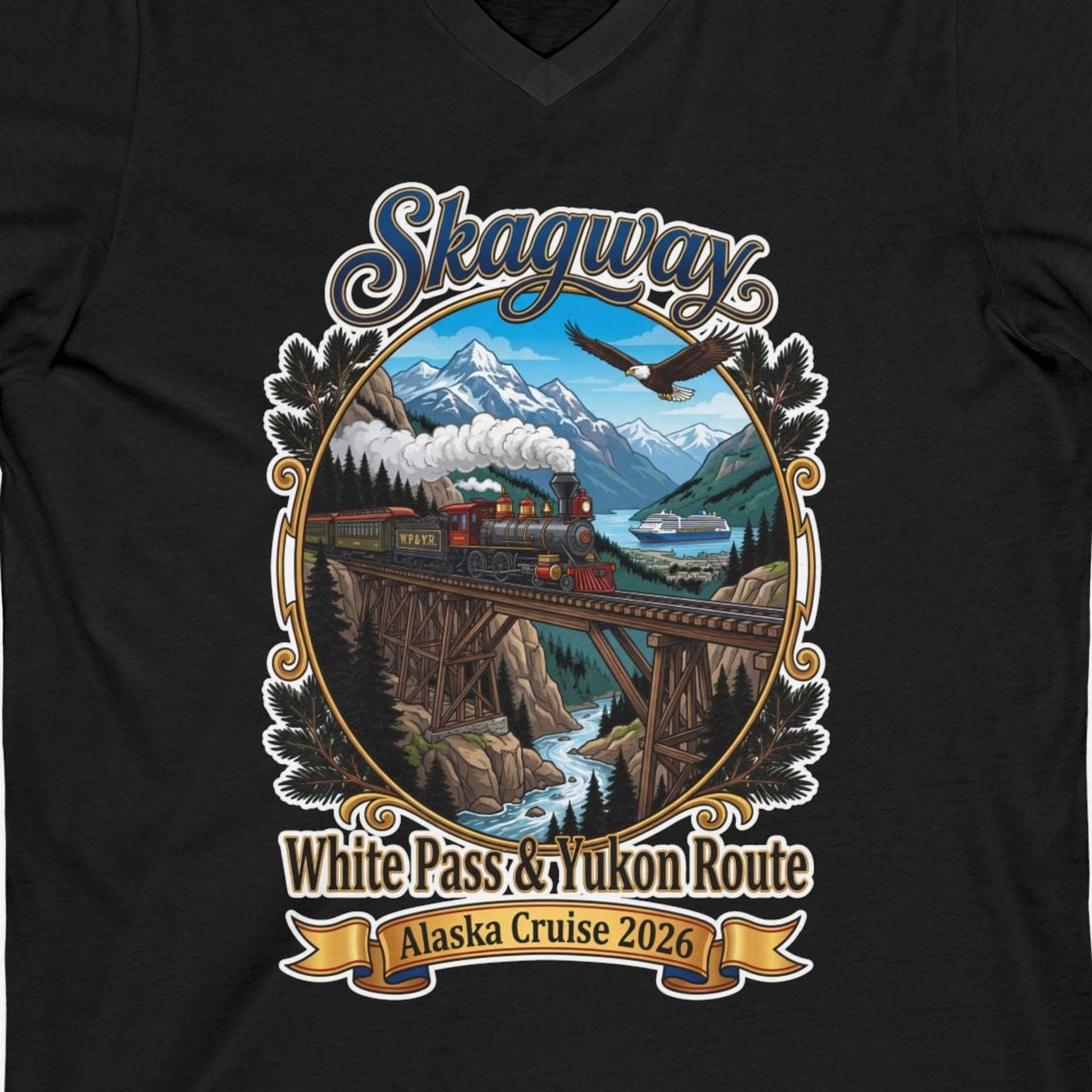Skagway Alaska Cruise Shirt White Pass Yukon Route 2026 Souvenir — V-Neck V-Neck Shirt – Black – Alaska Cruise Shirts Close Up